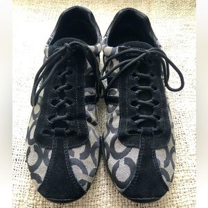 Coach “Kathleen” Sneakers Signature “C” Design, Black Suede, Patent Leather 9M